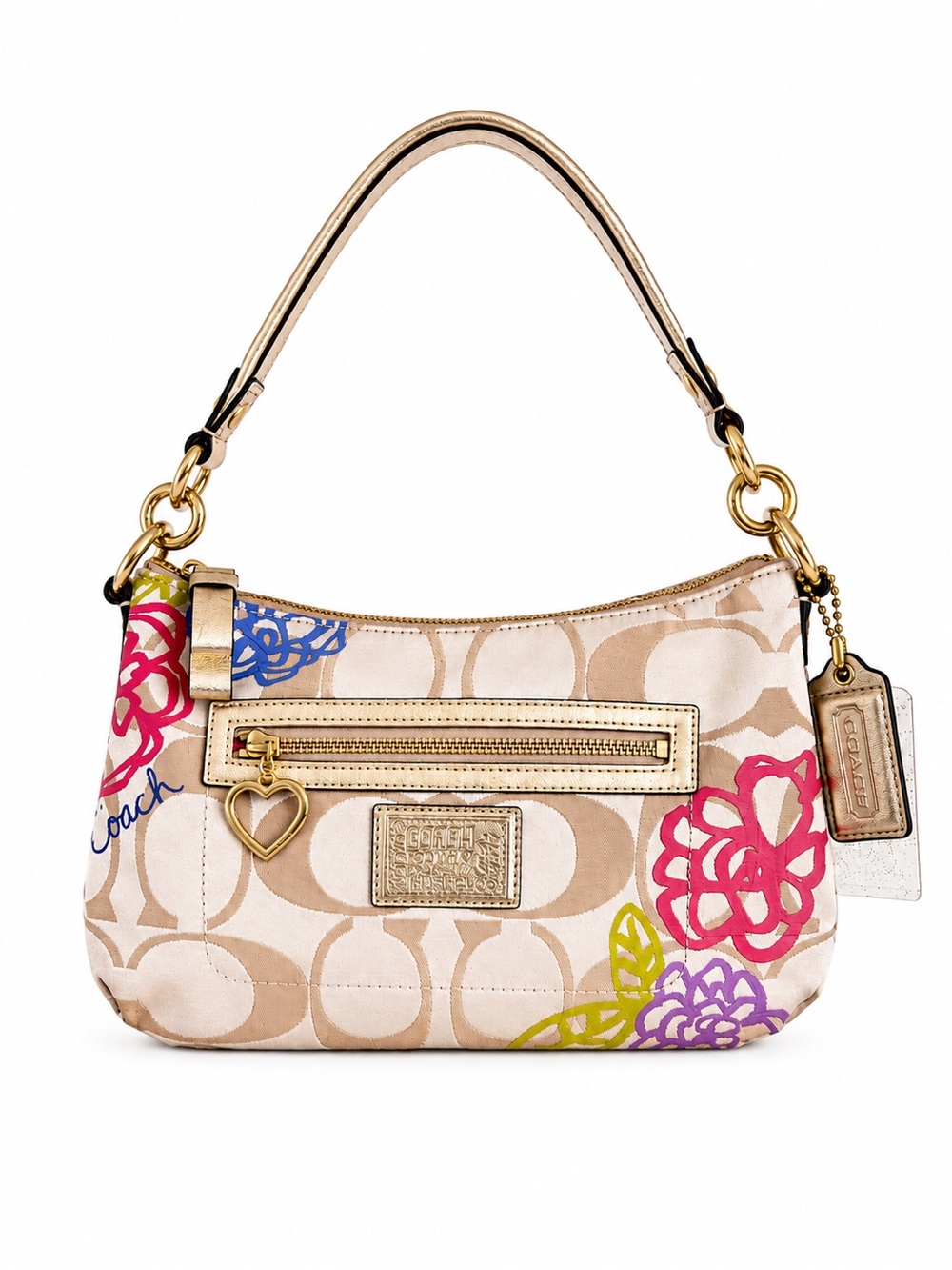 Coach Beige Signature Shoulder Bag with Pink Purple Green Floral Accents - Picture 2 of 16
